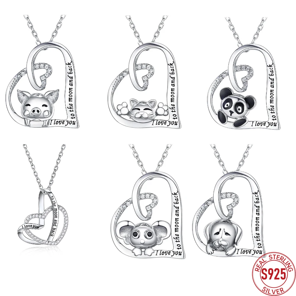 

925 Silver Heart Necklace with "I Love You To The Moon and Back" Engraved Animal Charm Chic Romantic Jewelry Gift for Women QC24