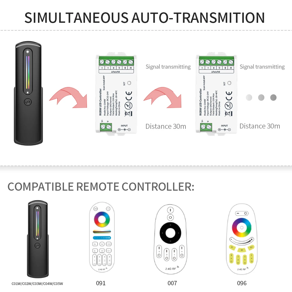 CCT RGB RGBW RGBCCT Controller Dimmer C01RF C02RF C03RF C04RF C05RF 2.4GHz RF Touch Remote RC07RF ~ RC09RF Lampada LED con telecomando