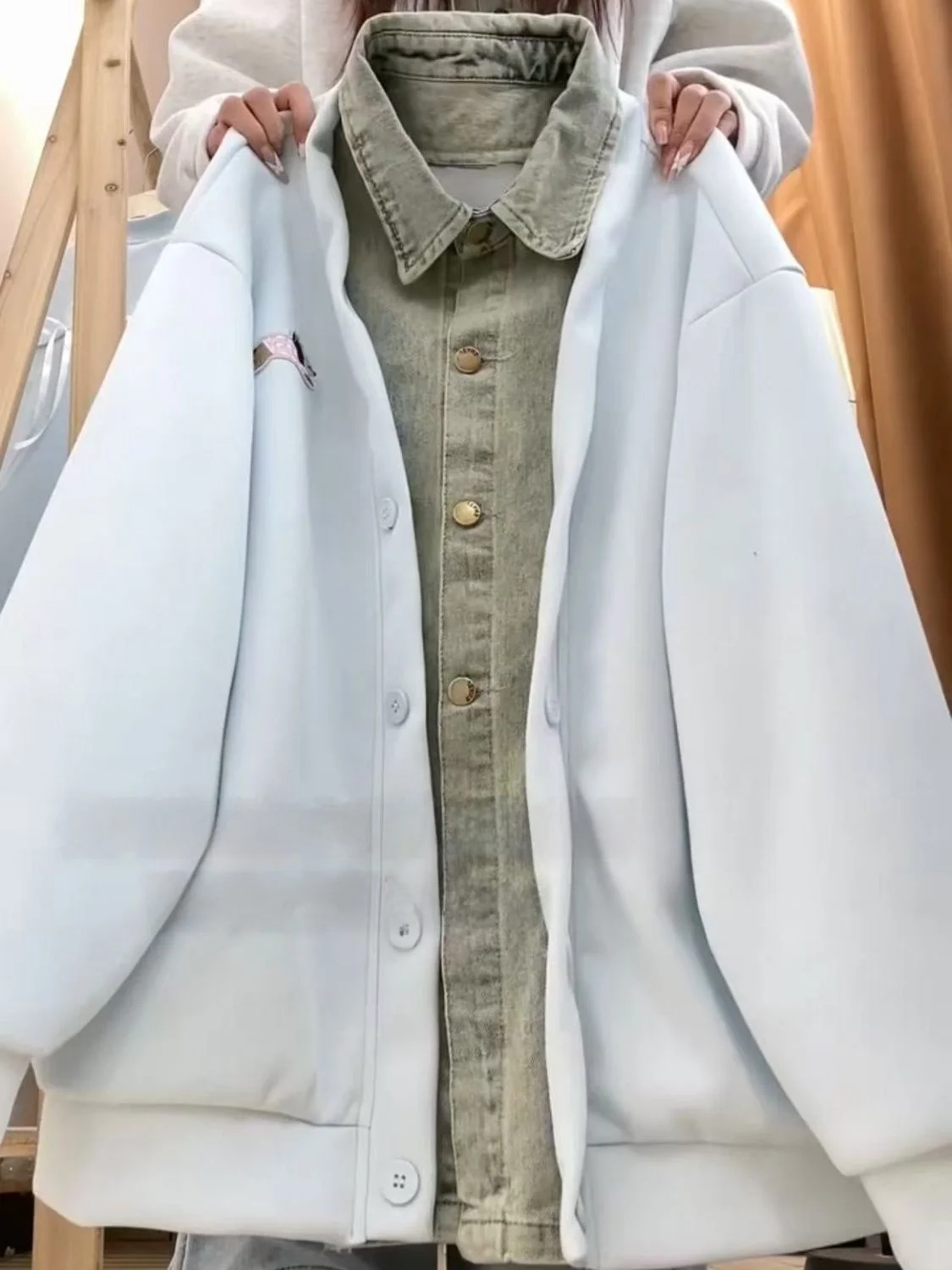 オリジナル春新作 irt パッチワーク フェイクツーピース スウェット オープンカーディガン デザインセンス アウター ヴィンテージ ルーズ 学生トップ