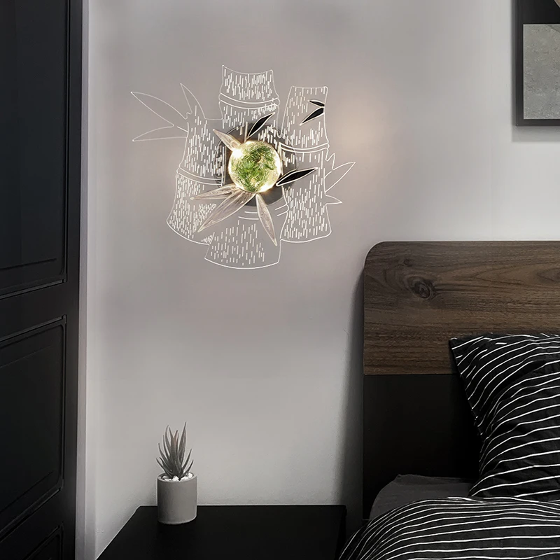 Lámpara de pared LED acrílica de bambú para interiores, accesorios de iluminación modernos para ropa de cama, sala de estar, candelabro de pared