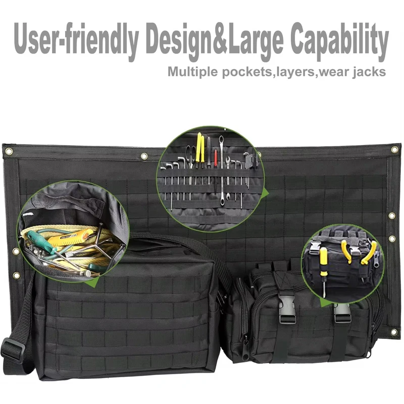 

3pc/set Tailgate Bag Case Cover Black Storage Pockets Tool Kit Organizer Detachable for Jeep Wrangler JK JKU 2007 to 2017