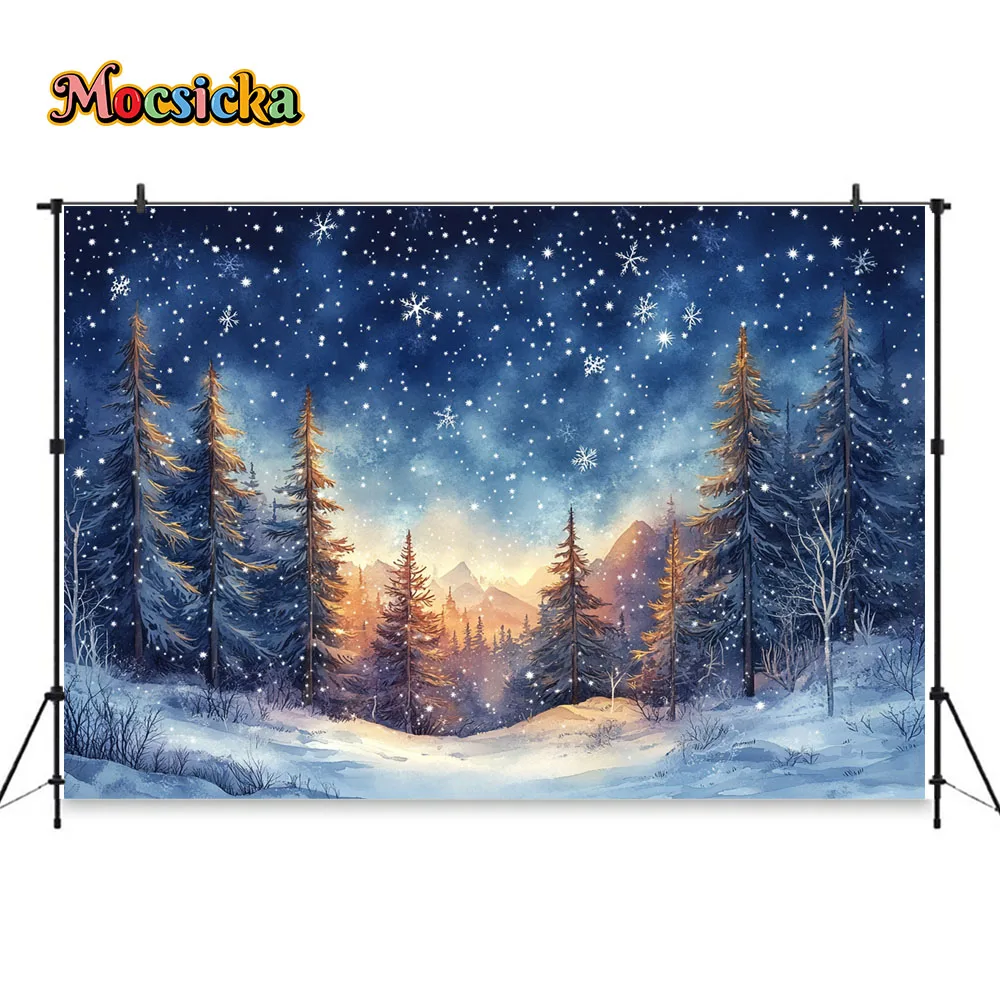 Christmas Night Forest Background Blue Starry Pine Tree Snowflake Backdrop Kids Winter Birthday Cake Smash Studio Photo Booth