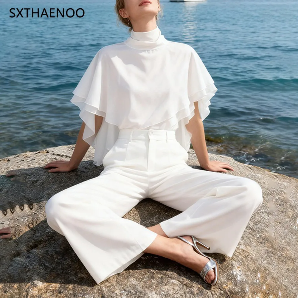

SXTHAENOO Solid Loose Spliced Lace Up Elegant Blouses for Women High Neck Sleeveless Irregular Blouse Female Fashion Clothing