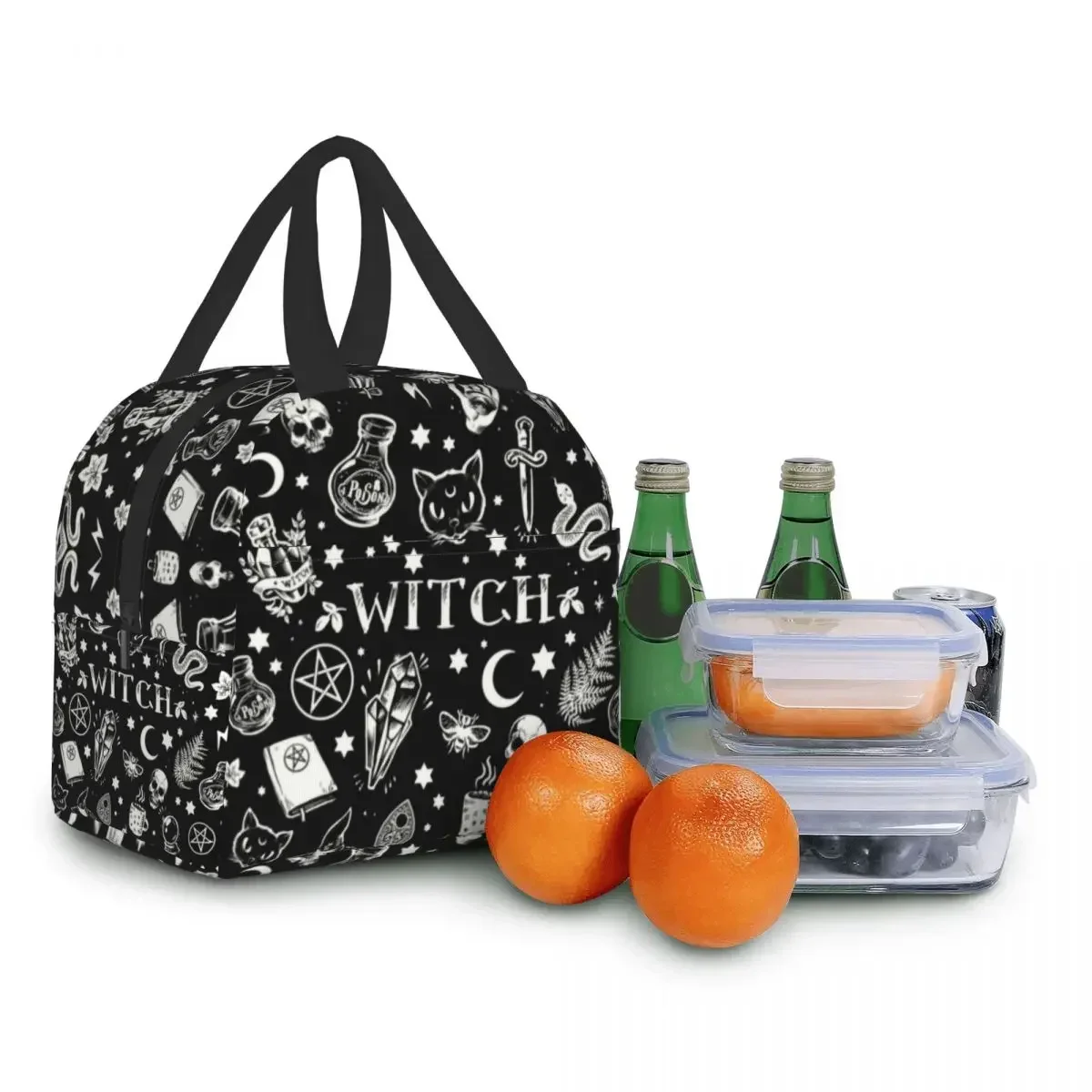 Witch Pattern Insulated Lunch Bag for Work School Halloween Cat SKull Waterproof Cooler Thermal Lunch Box Women Kids Picnic Bags