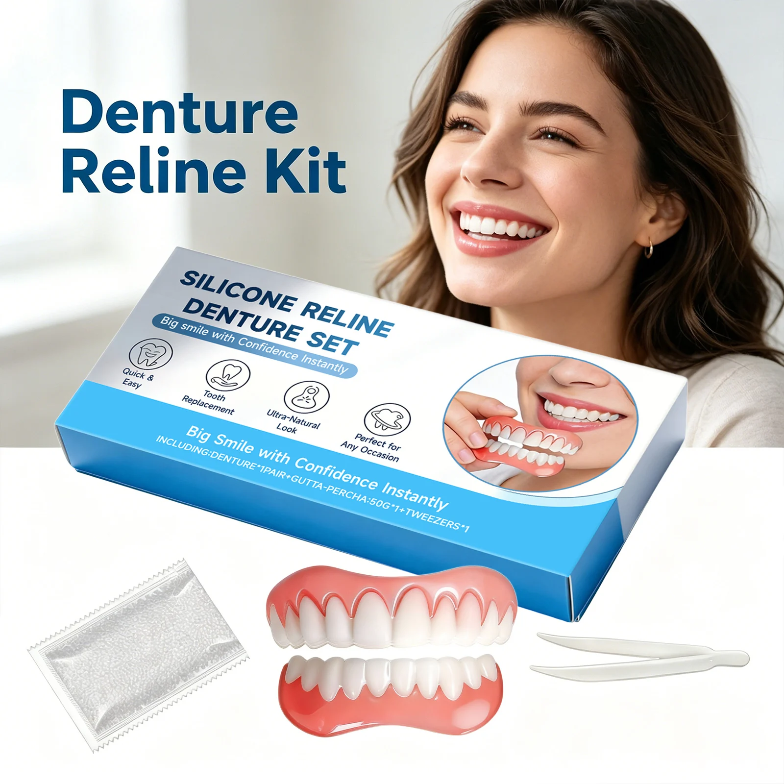 AMZ Silicone Reline Denture Set Coordinated Appearance Lightweight & Comfortable Long-Term Wear Instant Comfort Veneer Teeth Kit