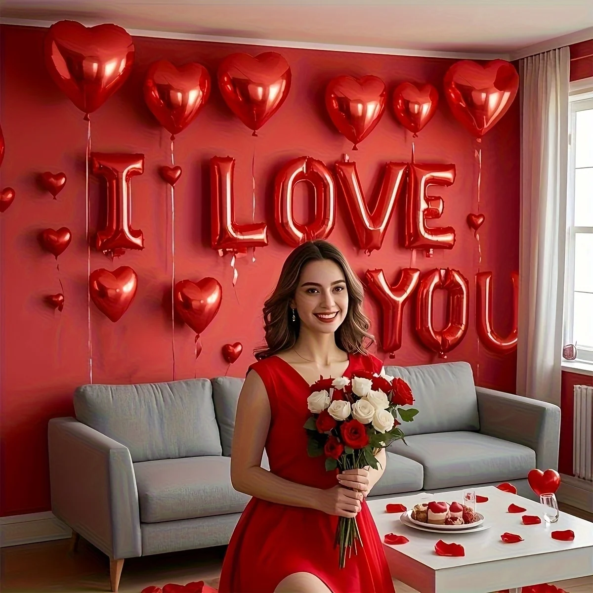 15 Stück Valentinstag-Mottoparty-Aluminiumfolienballons „I LOVE YOU“, rote Buchstaben-Folienballons, rote Herz-Folienballons, Party-Dekoration