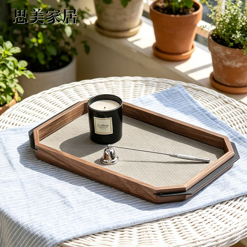 For Walnut Leather Tray, Home Storage Plate for TV Cabinet, Dresser & Entryway
