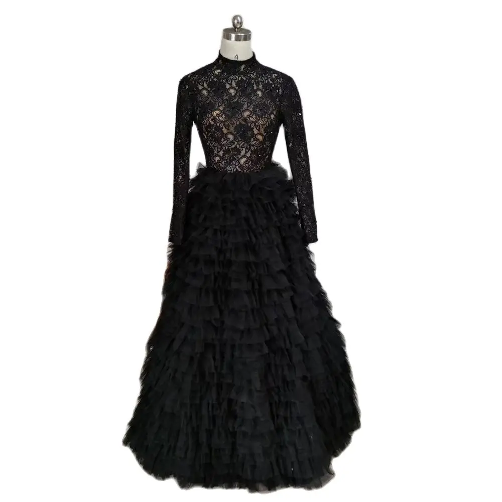 Black Lace Ruffles Prom Dresses High Neck Long Sleeve Beaded Tiered Evening Gown Layered Ball Gown Punk Special Occassion Wear