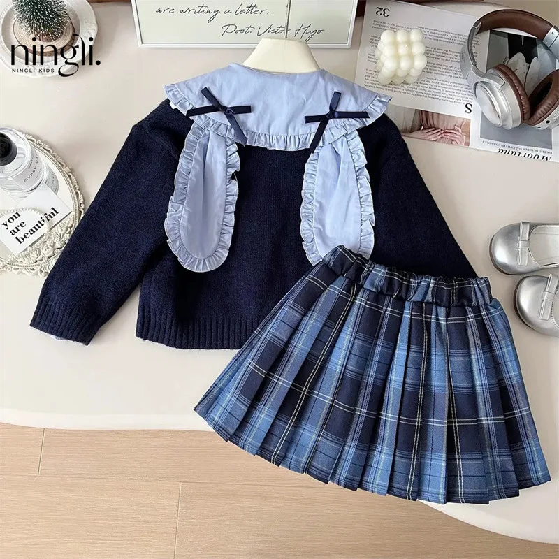 Girls' Autumn Clothing Suits New Preppy StylejkPleated Skirt Rabbit Officer Cardigan Sweater Shirt Three-Piece Set