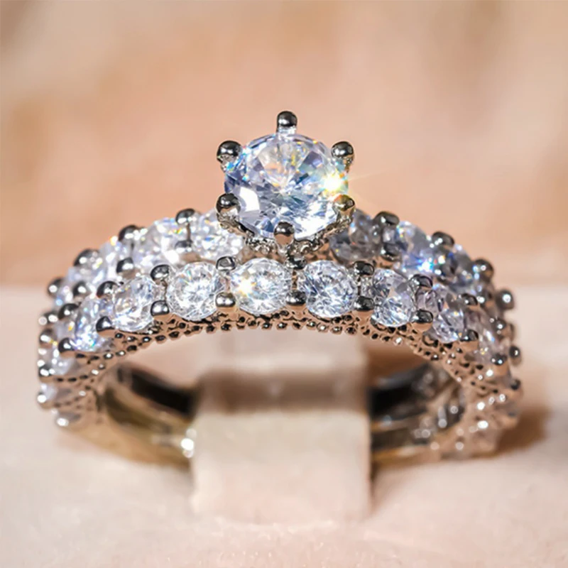 Huitan Luxury 2Pc/Set Rings for Women Trendy Brilliant Delicate Finger Accessories Aesthetic Attractive Chic Wedding Jewelry Set
