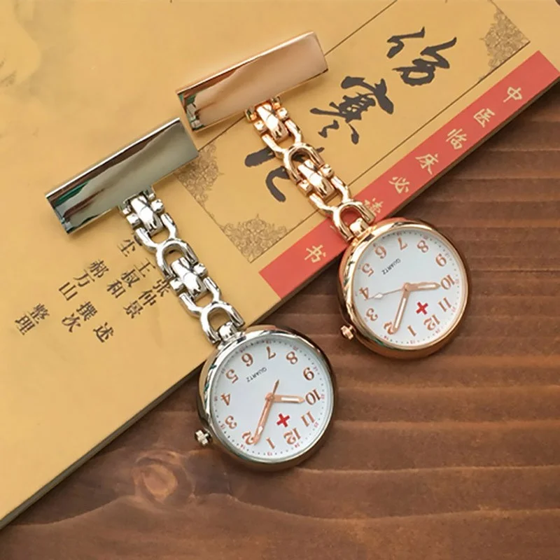 

Metallic Pin-on Nurse Watch D Link Silver Gold with White Luminous Large Easy Read Dial 24 hours Military Time Montre infirmière