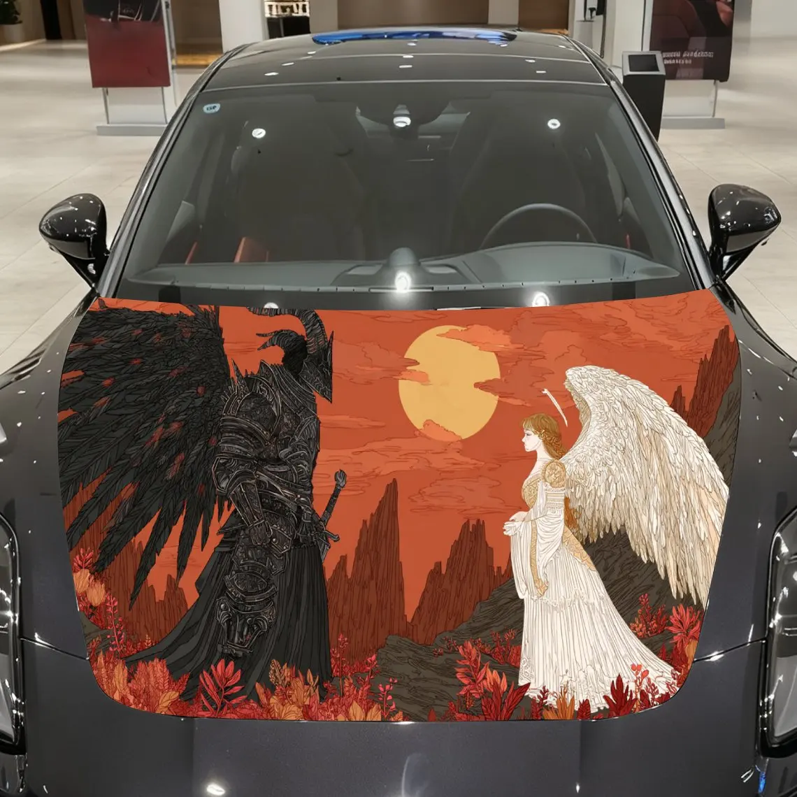 Mysterious Realm Sunlit Demon-Angel Confrontation Print car hood stickers, waterproof self-adhesive, scratch resistant, easy to