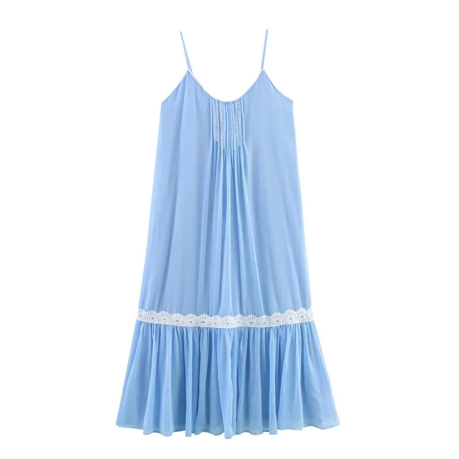 

2025 Summer New Fashion Pastoral Style Lace Stitching Thin Sling Dress Chic Backless Draped Dresses Female Vestidos