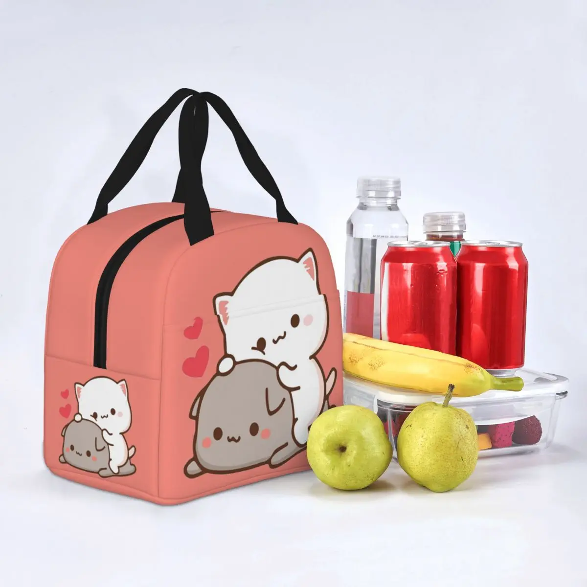 Peach And Goma Insulated Lunch Bag High Capacity Cute Mochi Peach Cat Lunch Container Cooler Bag Tote Lunch Box Beach Travel