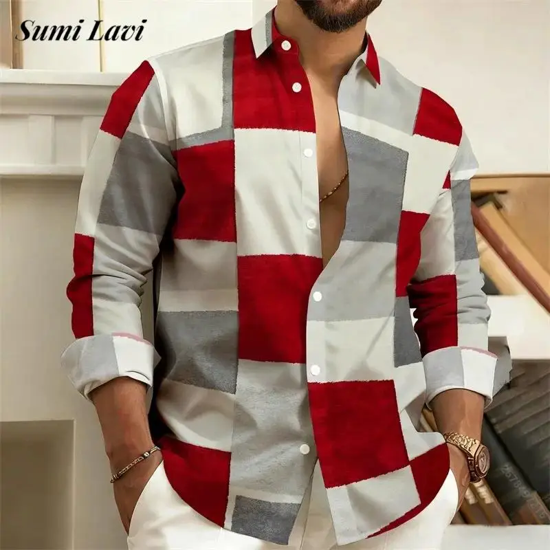 

Stylish Mens Long Sleeve Block Shirts 2026 Spring Autumn Casual Turn-down Collar Shirt Men Vintage Button-up Patchwork Cardigans