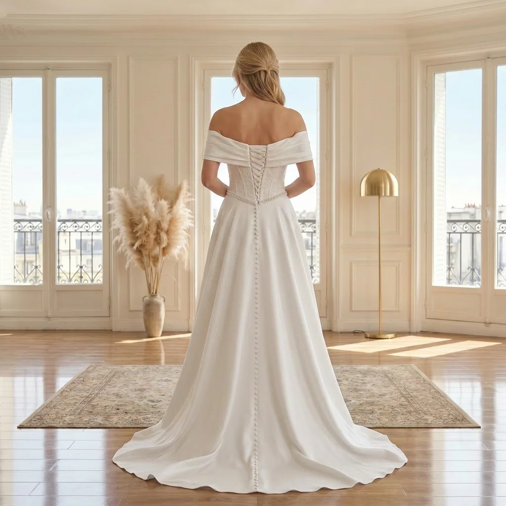 Off Shoulder Corset Waist Satin A Line Wedding Dress with High Slit & Beaded Trim Bridal Gown with Pockets