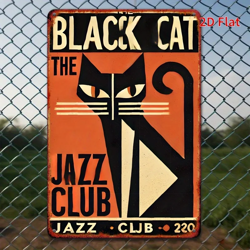 2D Flat Decorative aluminum Sign And Plaque (8 X 12 Inches / 20 X 30 Cm), Black Cat Jazz Geometric Indoor Mural Wall Decor
