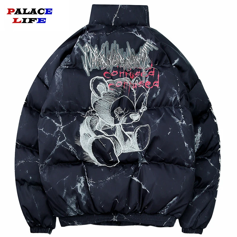 Chaqueta acolchada de plumón para hombre y mujer, Parka con estampado de oso de dibujos animados, ropa de calle de Hip Hop, chaquetas gruesas y