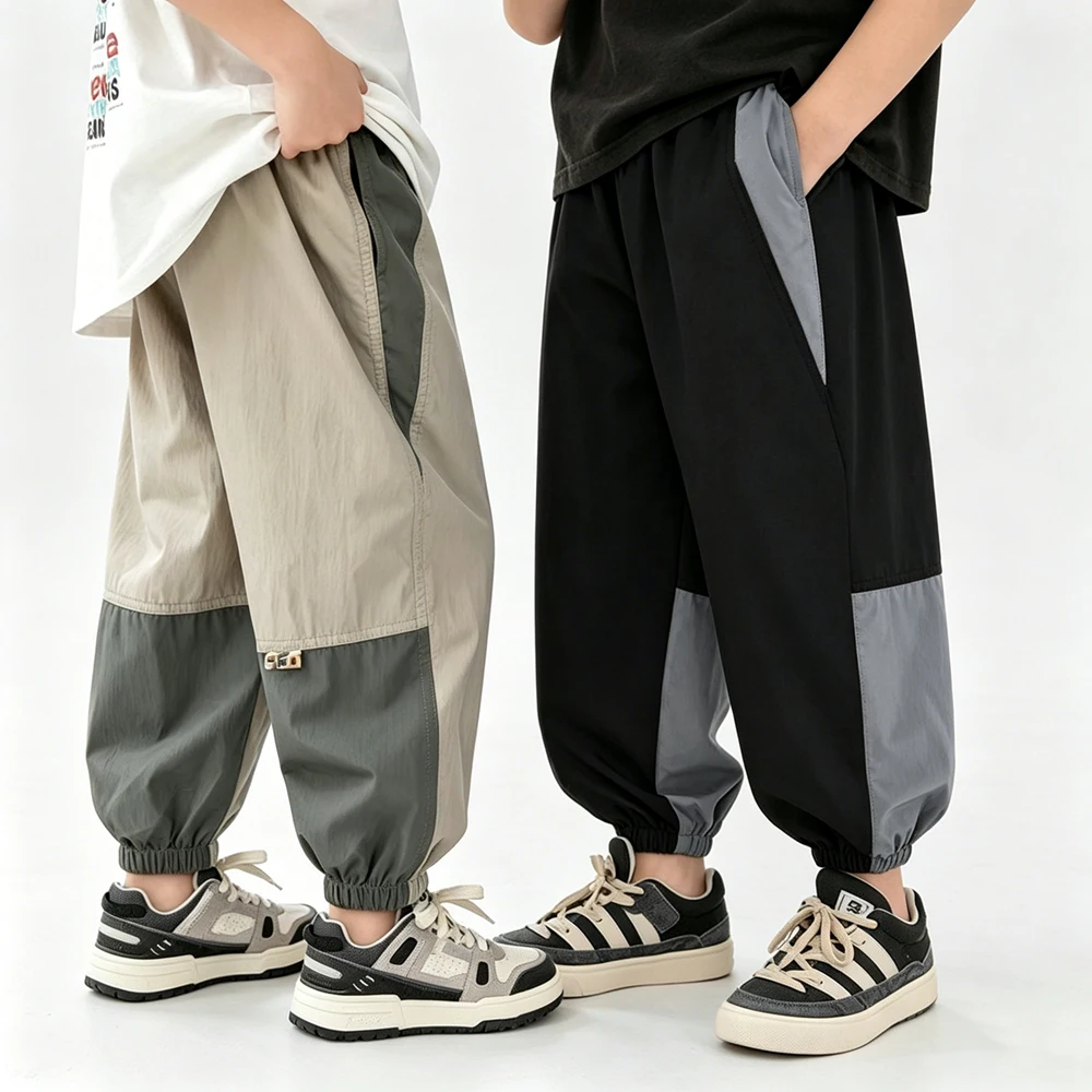 Children Mosquito-Resistan Pants 2026 Summer Teen Boys Casual Color Blocking Tapered Pants Kid Quick-Drying Thin Sports Trousers