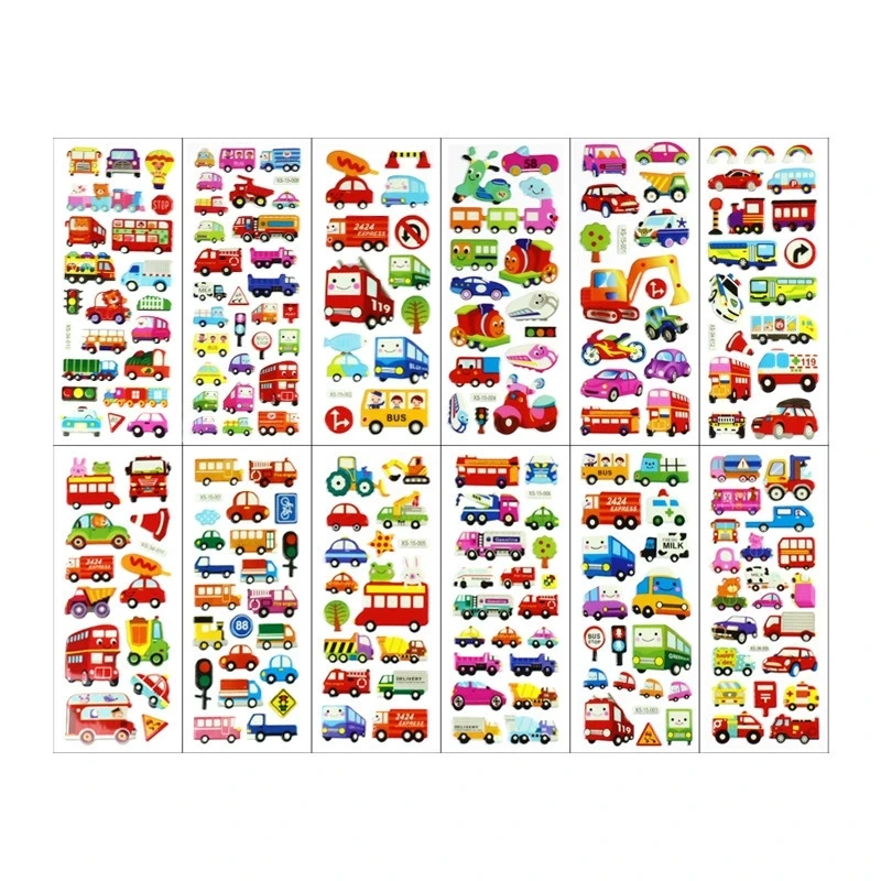 6 個漫画消防士車のステッカー子供のための教育装飾日記ノートブックラベルおもちゃ黄色建設車両トラックステッカー