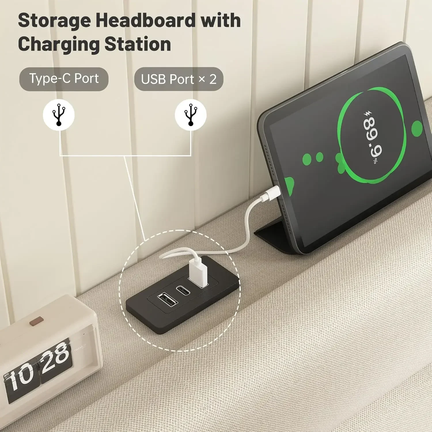 [عرض لفترة محدودة، اليوم فقط! ]إطار سرير بحجم كينج مع لوح رأسي منجد من القماش، وإطار سرير كينج مع لوح رأسي للتخزين