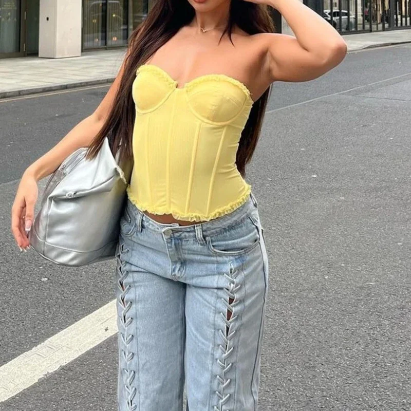 

Tank Tops Women Slim Backless Lace Sexy Hot Girl Sweet Strapless Crop Top Party Off Shoulder Cami Summer Y2K Streetwear 2025