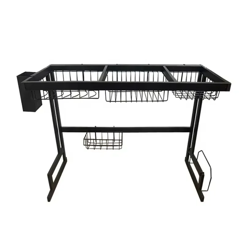 Modern Black Iron Kitchen Dish Drying Rack 85cm Double Layer Removable Storage Shelf for Plates Cups Multifunctional