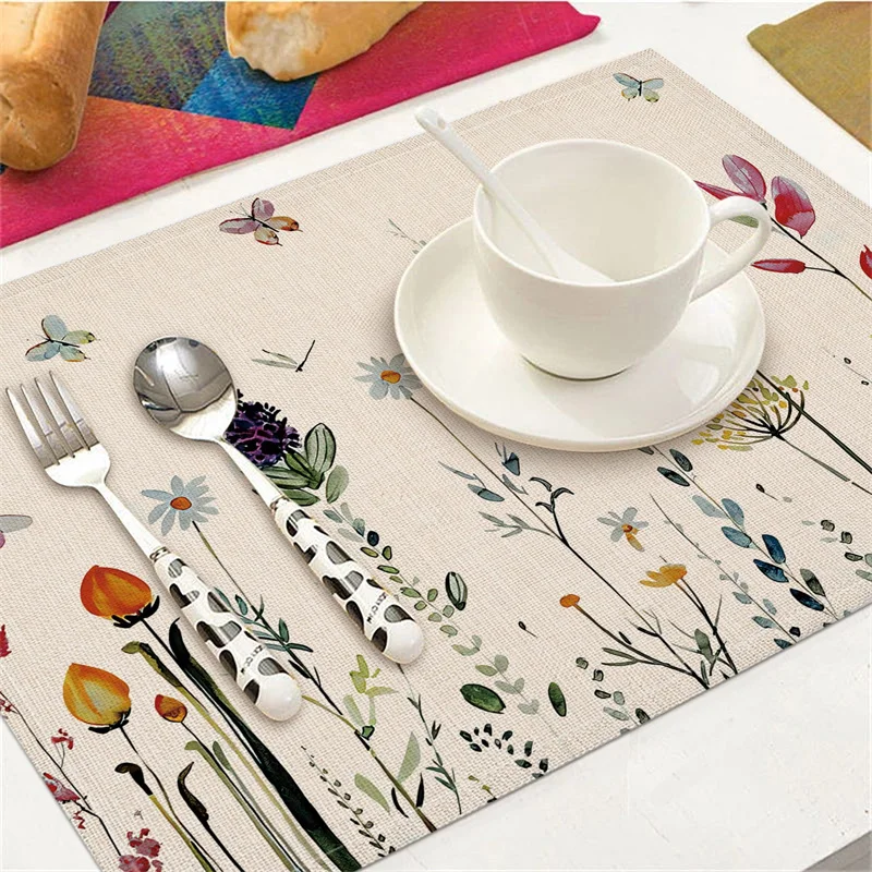 4/6/8pcs Flower Butterfly Pattern Placemat Heat Resistant Dining Table Mats Farmhouse Countryside Kitchen Restaurant Decoration