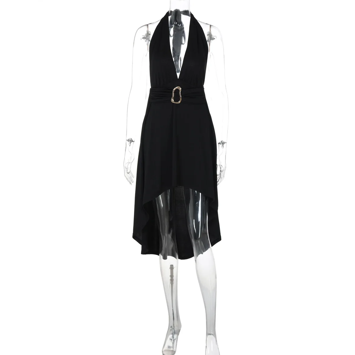 Metal Buckle Ruched Irregular Midi Party Dress Women Fashion Solid Deep V-neck Lace Up Halter Backless Slim Holiday Beach Robes