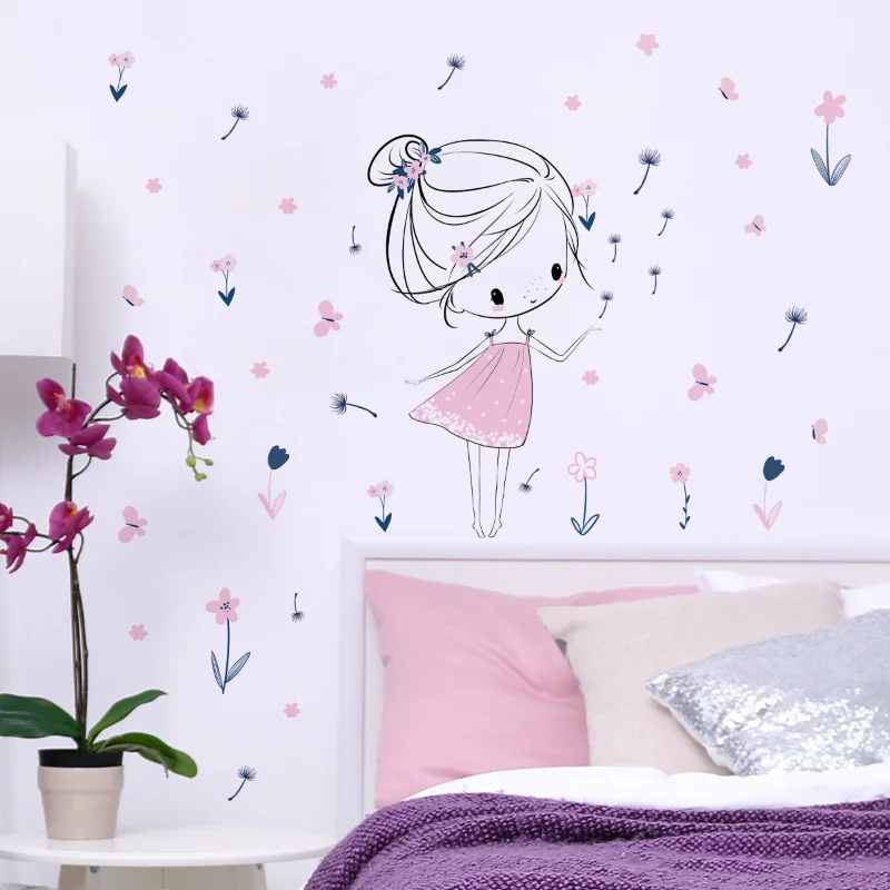 Cartoon girl dandelion Wall Stickers Creative Home Wall Decor Self-adhesive Kids Room Decoration Bedroom Background Wall Decor