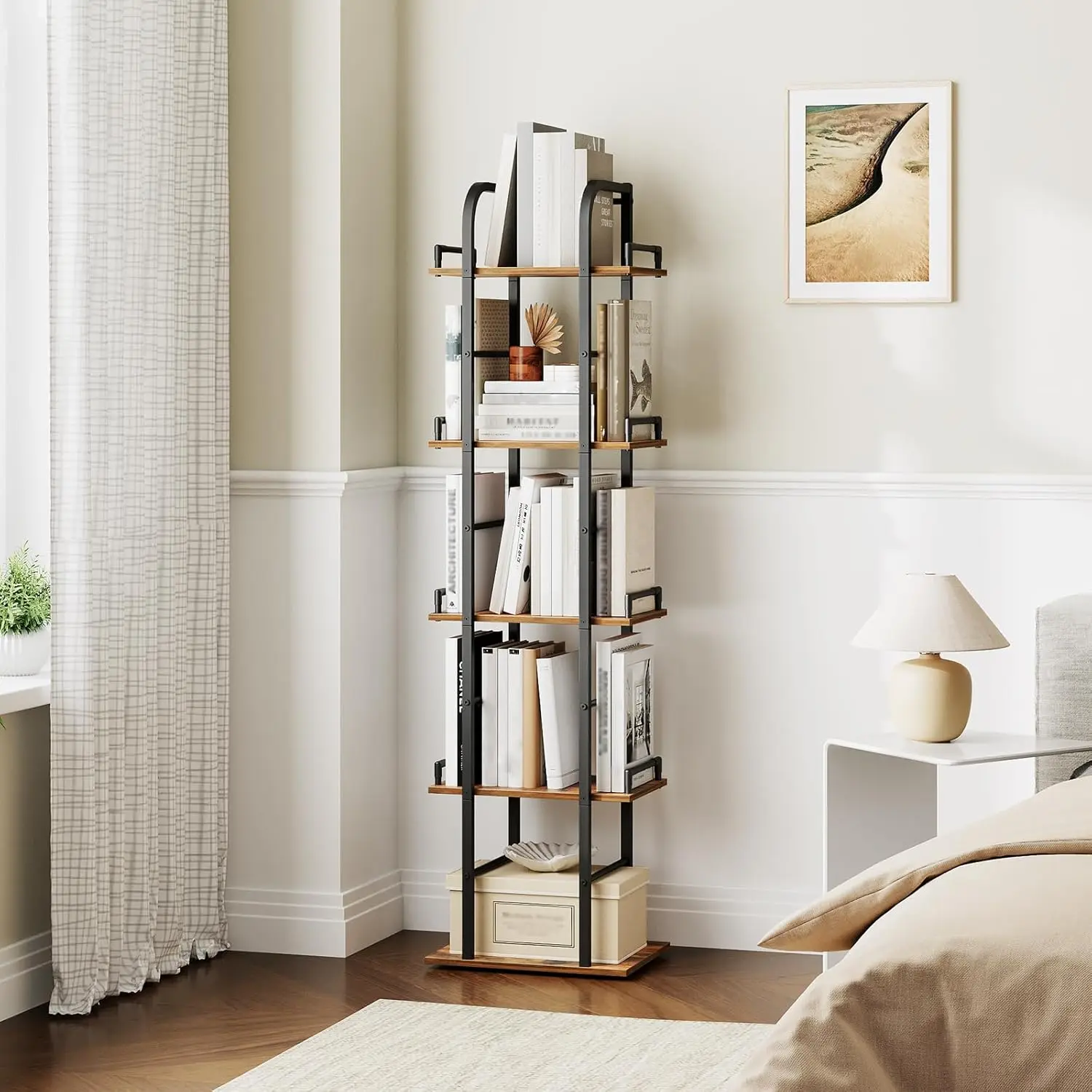 5 Tier Rotating Bookshelf, Freestanding Corner Bookshelf, 360 Spinning Bookcase Tower, Tall Industrial Style Organizer,