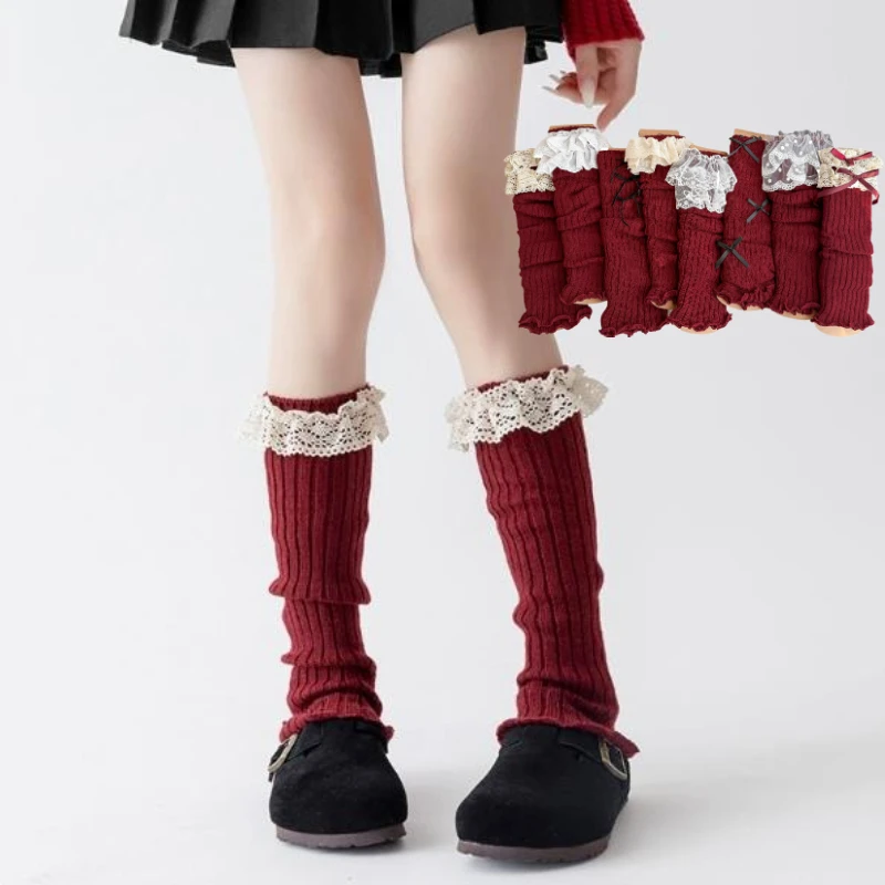 New Bow Wine Red Leg Warmers Autumn/Winter Women Ballet Style Lace Trim Stacked Socks Christmas Knitted JK Slouch Socks 1-8 pair