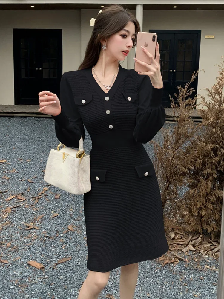 خريف شتاء حلو محبوك الخامس الرقبة Vestidos خمر عادية كم طويل أنيقة Elbise الكورية تصميم سليم ألفي مبطن فستان تريكو