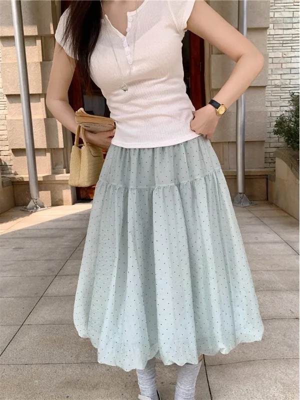 

plus Size Polka Dot Flower Bud Skirt Summer New High Waist Slim A-Line Lantern Fullness Half-length Loose Fit Women's Skirt