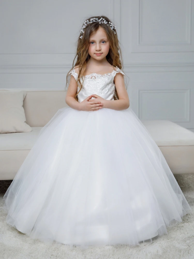

White Flower Girl Dresses Tulle Puffy Appliques With Bow Sleeveless For Wedding Birthday Party Holy Communion Gowns