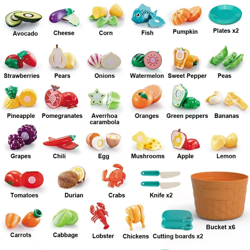 42개 과일 자르기 세트 바구니 포함 어린이 놀이집 장난감 주방 야채 아기 가상 놀이 야채 자르기 분류 장난감 크리스마스 선물