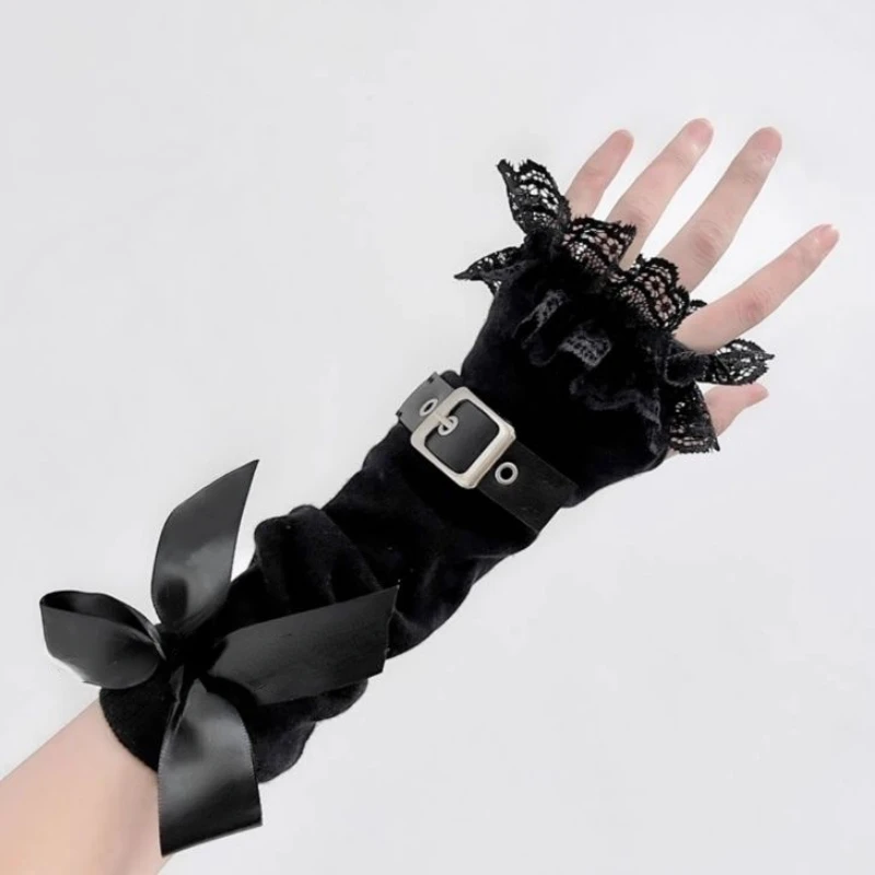 Harajuku Patchwork Lace Long Arm Warmer Bow Fingerless Gloves Sun Protection Sleeves Y2k Aesthetic Stripe Grunge Gothic Summer