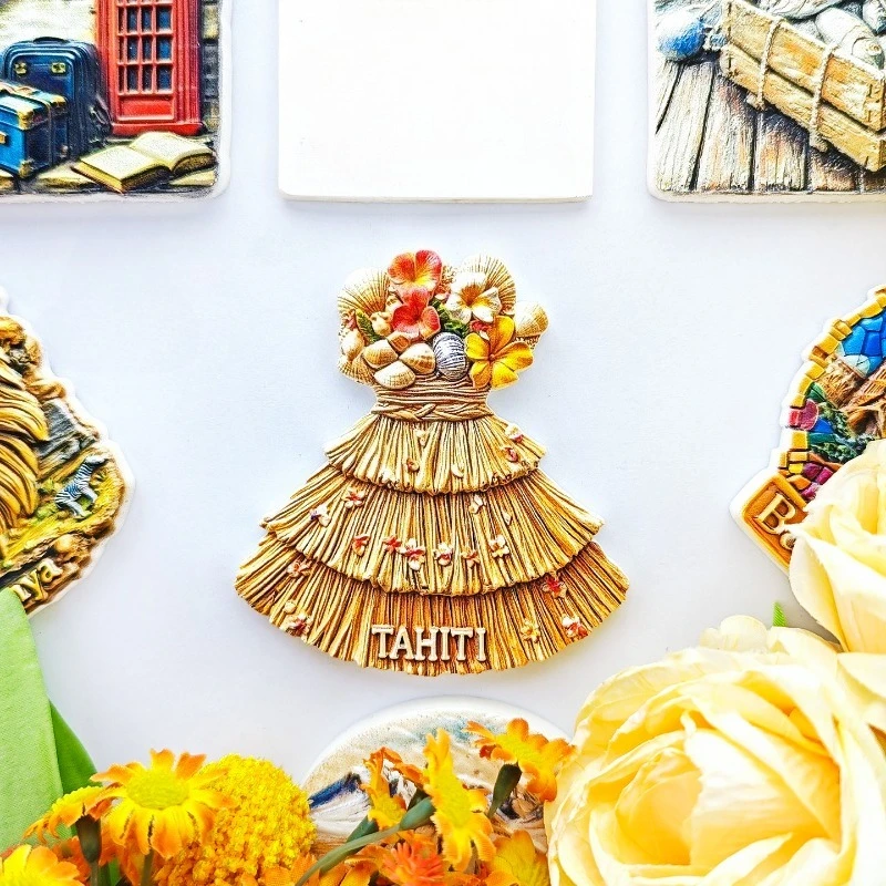 Tahiti Skirt Fridge Magnet - Tropical 3D Floral & Shell Souvenir Unique French Polynesian Gift for Travel & Beach Home Decor