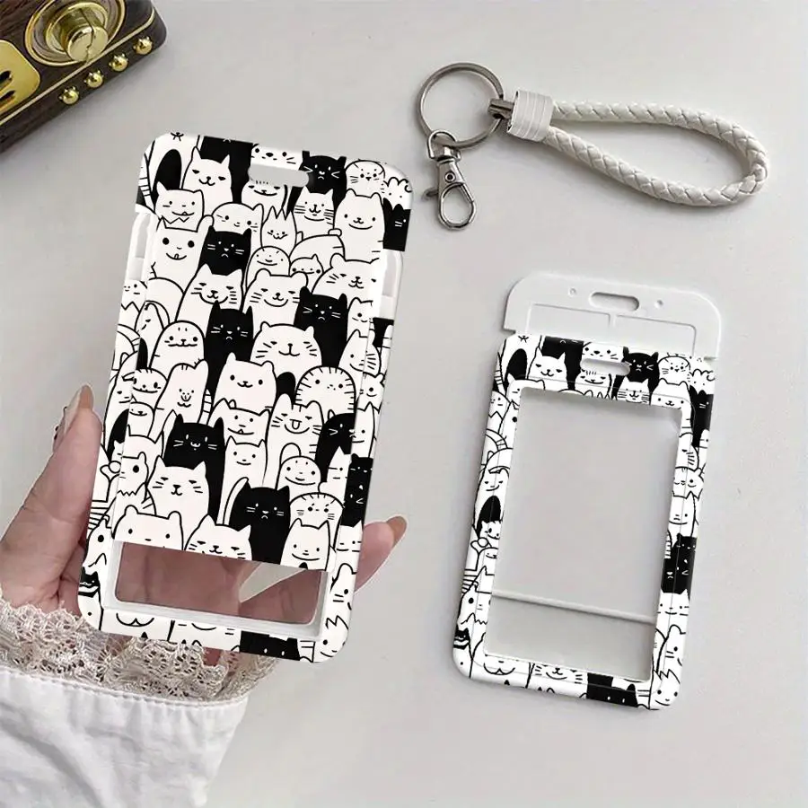 Cute Black White Cats 1Pc Card Holder Retractable Credit Card Holders Holders Child Bus with lanyard Badge Bank ID Cover Case