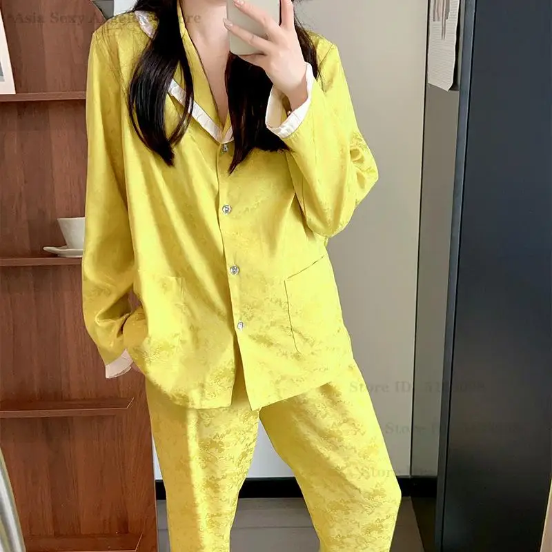 

Long Sleeved Jacquard Pajamas Set French Loose Casual Home Wear Sleepwear Spring Autumn Ice Silk Shirt&Trouser Pyjama Loungewear
