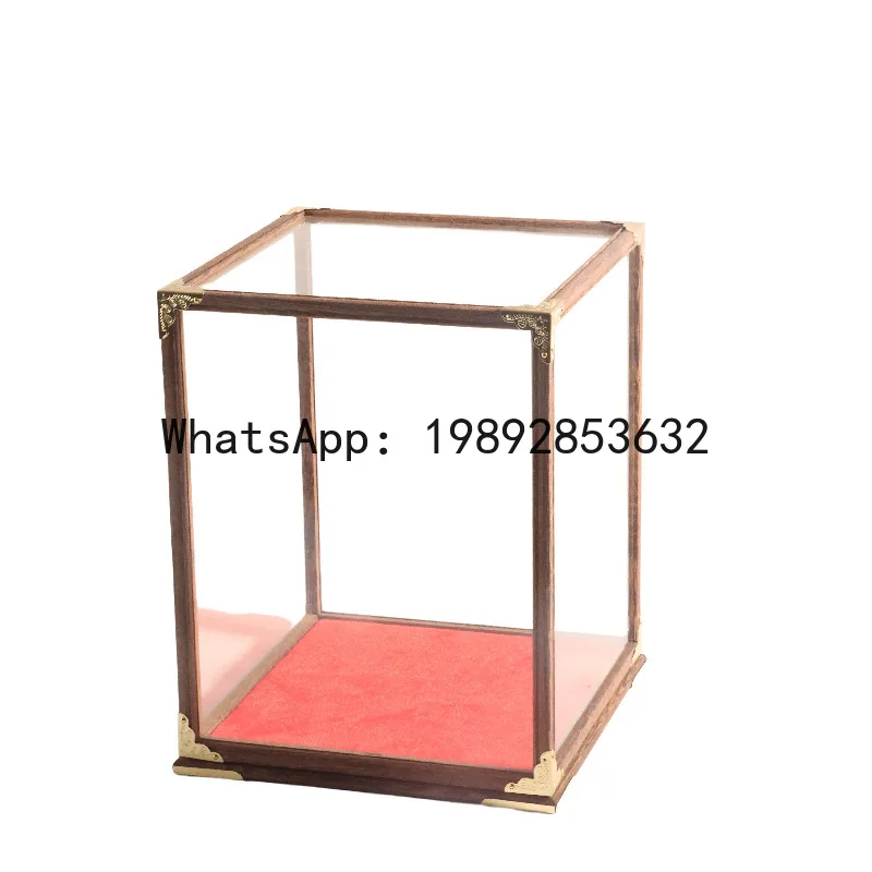 

Mahogany glass cover red velvet chicken wing wood treasure cage simple flat edge ornaments transparent dust cover display box