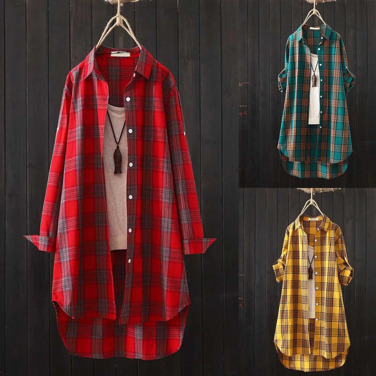 Women'S Casual Fashion Mid-Length Shirt Plaid Lapel Loose Button Cardigan Thin Jacket Shirt Top Suitable For Spring And Autumn