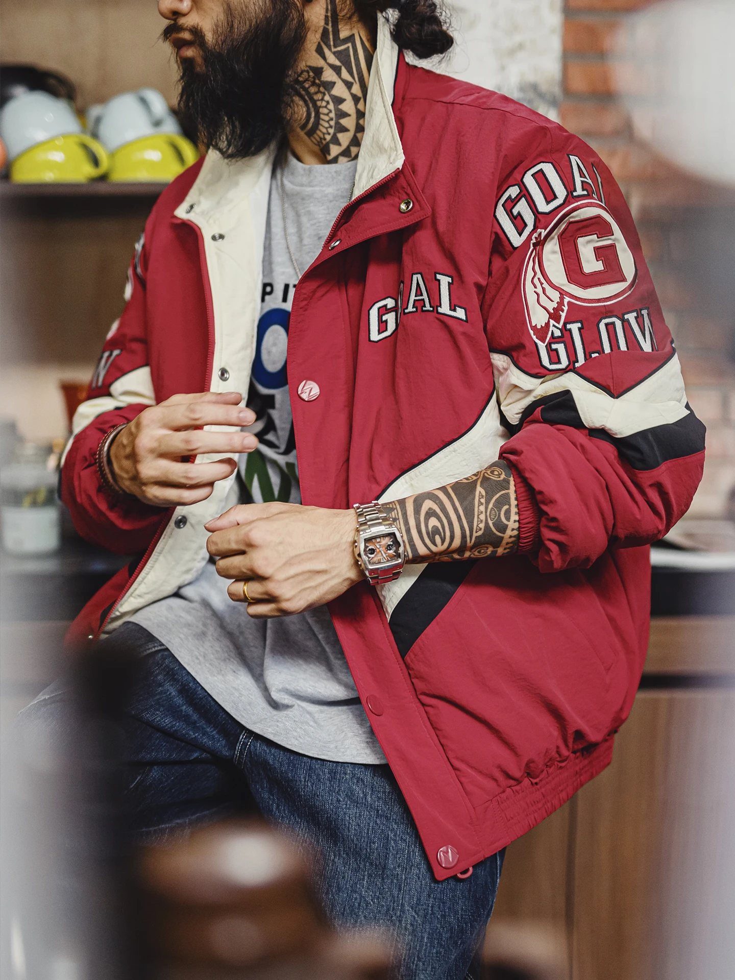 

Maden Thiened Retro American Racing Jaet M Winter Warm Cotton Coat Red Collar Stand up Casual Sle Long Sve Zipper