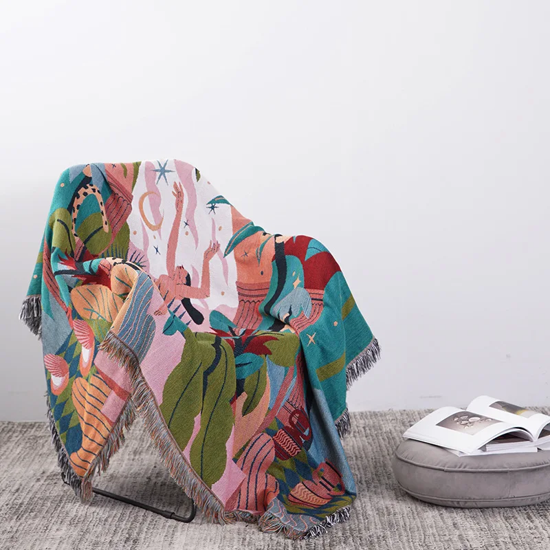 Bohemian Jungle Goddess Jacquard Throw Blanket Abstract Tropical Plant Leopard Woven Tapestry Colorful Mid-Century Decor Throw