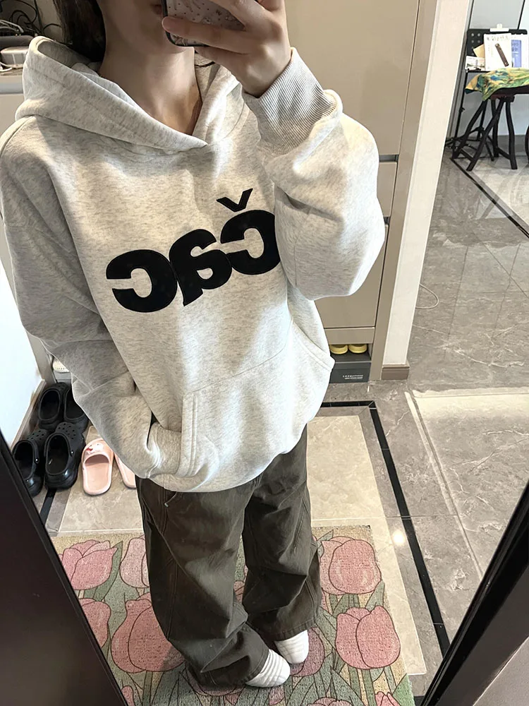 Retro American Letter Patchwork Stickerei Hoodie Damen Herbst Winter Thiened Loose Paar Trendy Oberbekleidung