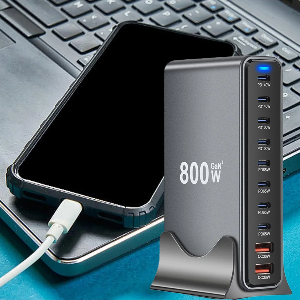 800W GaN 10 Ports Fast Charging Station Adapters USB C Dual 140W PD3.1 Desktop Charger for Multiple Devices Laptop Wall Charger