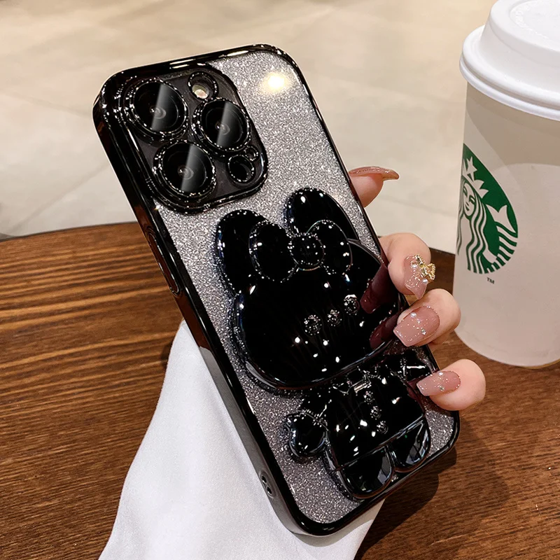 Caso luxuoso do telefone do chapeamento do gradiente do brilho, suporte do coelho dos desenhos animados, tampa de Bling para o iPhone 14, 13, 12, 11 Pro Max, X, Xs, XR, 7, 8 mais, SE2