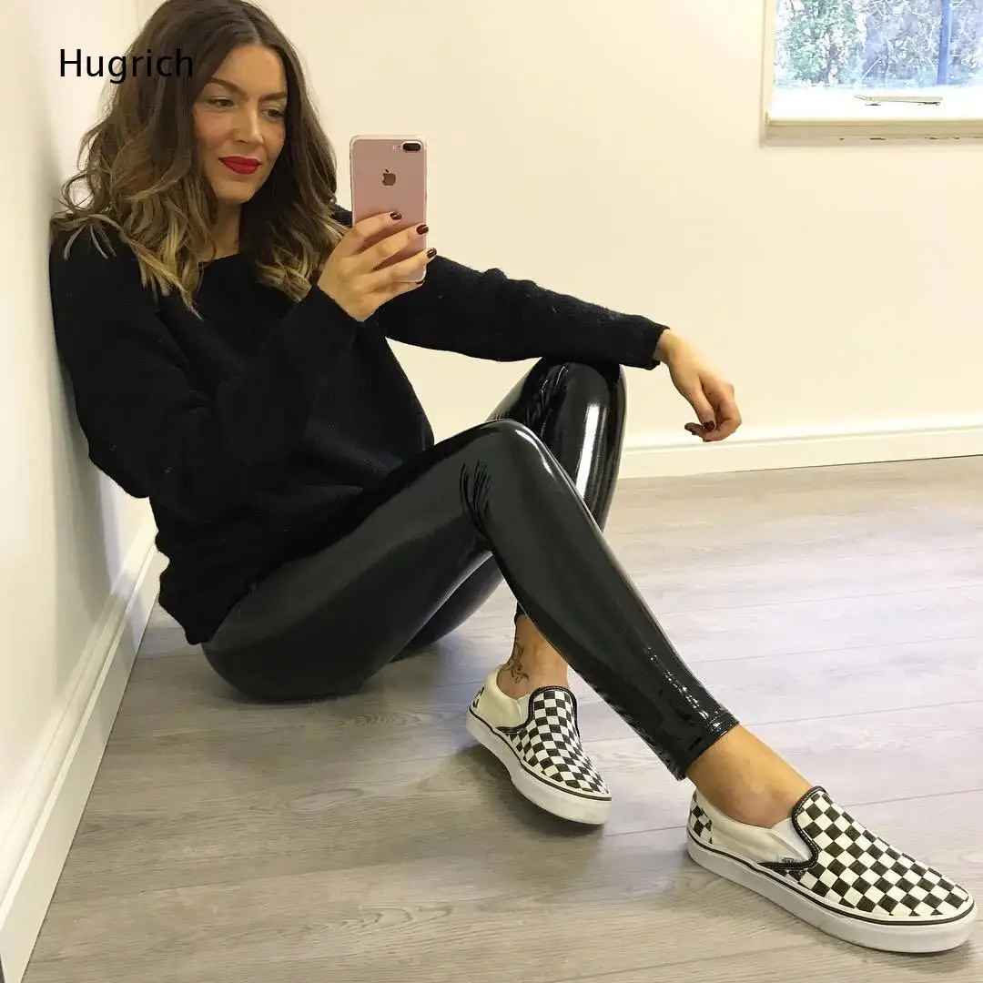 Women Black Super Shiny Wet Look Latex Leggings Elastic High Waist Glossy Pvc Skinny Pants