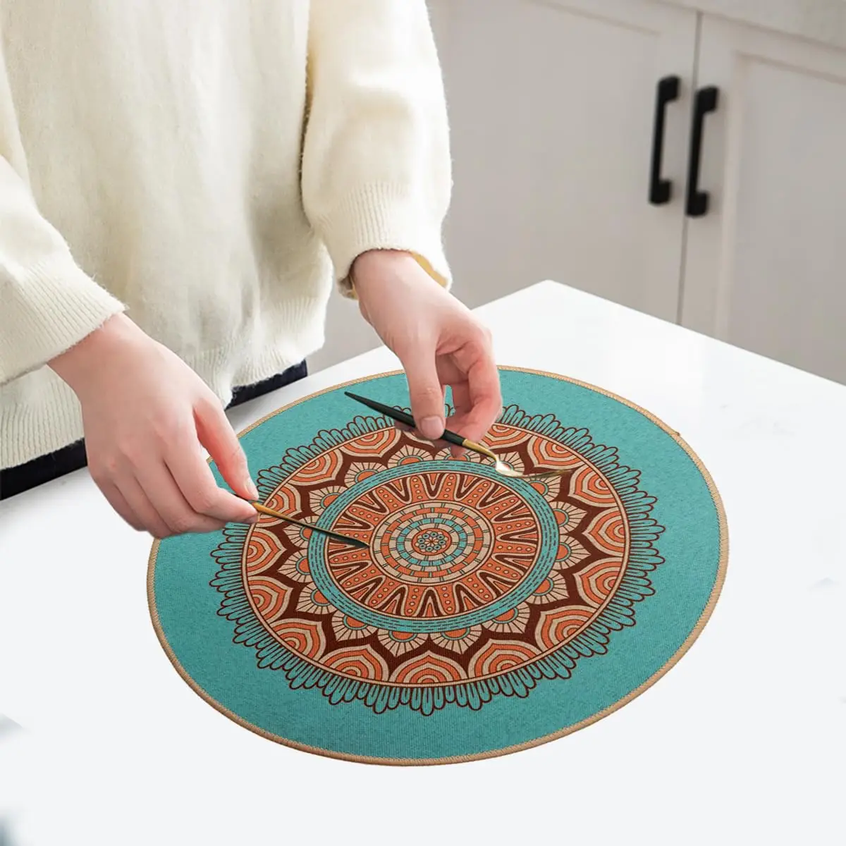 Rubber Heat Resistant Tabel Mats,Round Boho Placemats,Waterproof Washable Placemat for Dining Table Decoration 15 Inch