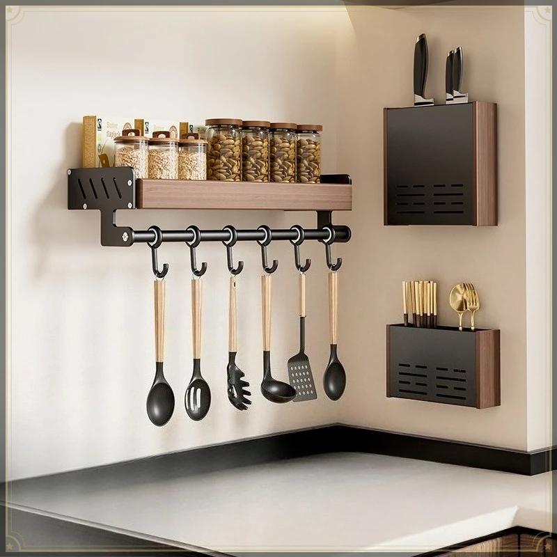 3Pcs Walnut Kitchen Storage Organizer Set Wall Mount Punch Free Aluminum Kitchen Rack Space Saving Kitchen Organizer Must Have